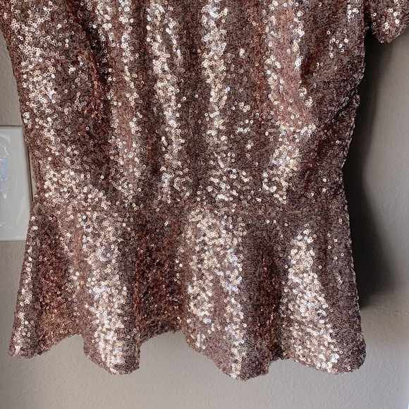 FOREVER 21 Rose Gold Sequin Short Sleeve Peplum Top - Picture 3 of 7